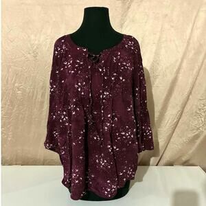 Sonoma Burgundy with White Birds Lattice Neck Blouse - XL